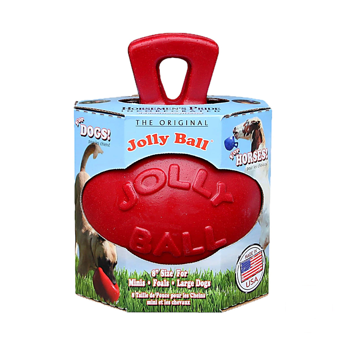 hond speelt met rode Jolly Ball Dual speelbal met handvat