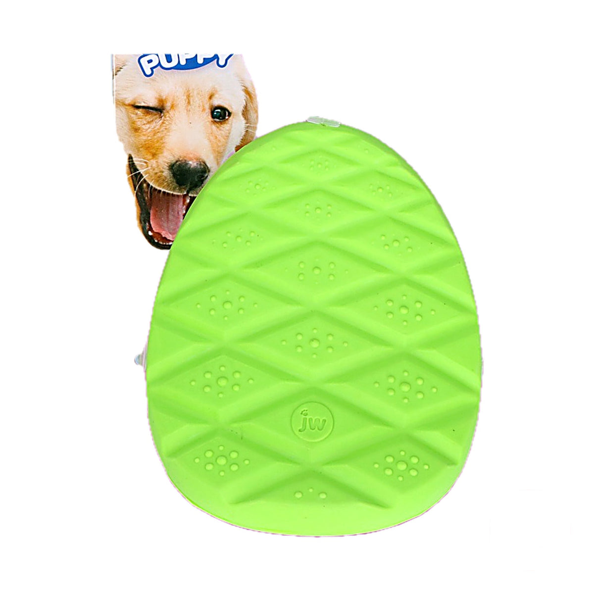 hond speelt met de groene JW Puppy Prickl-ee Pear bijtring