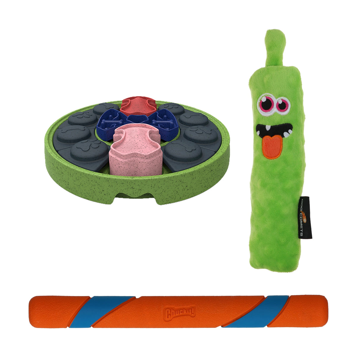 De drie speeltjes uit Bobby's Box september: Puzzle Disc, groene Invaders en Chuckit! Ultra Fetch Stick