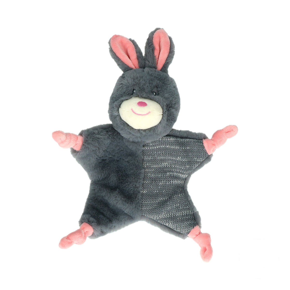 hond speelt met het grijze Bunny Puppy Crunchy Knot konijn