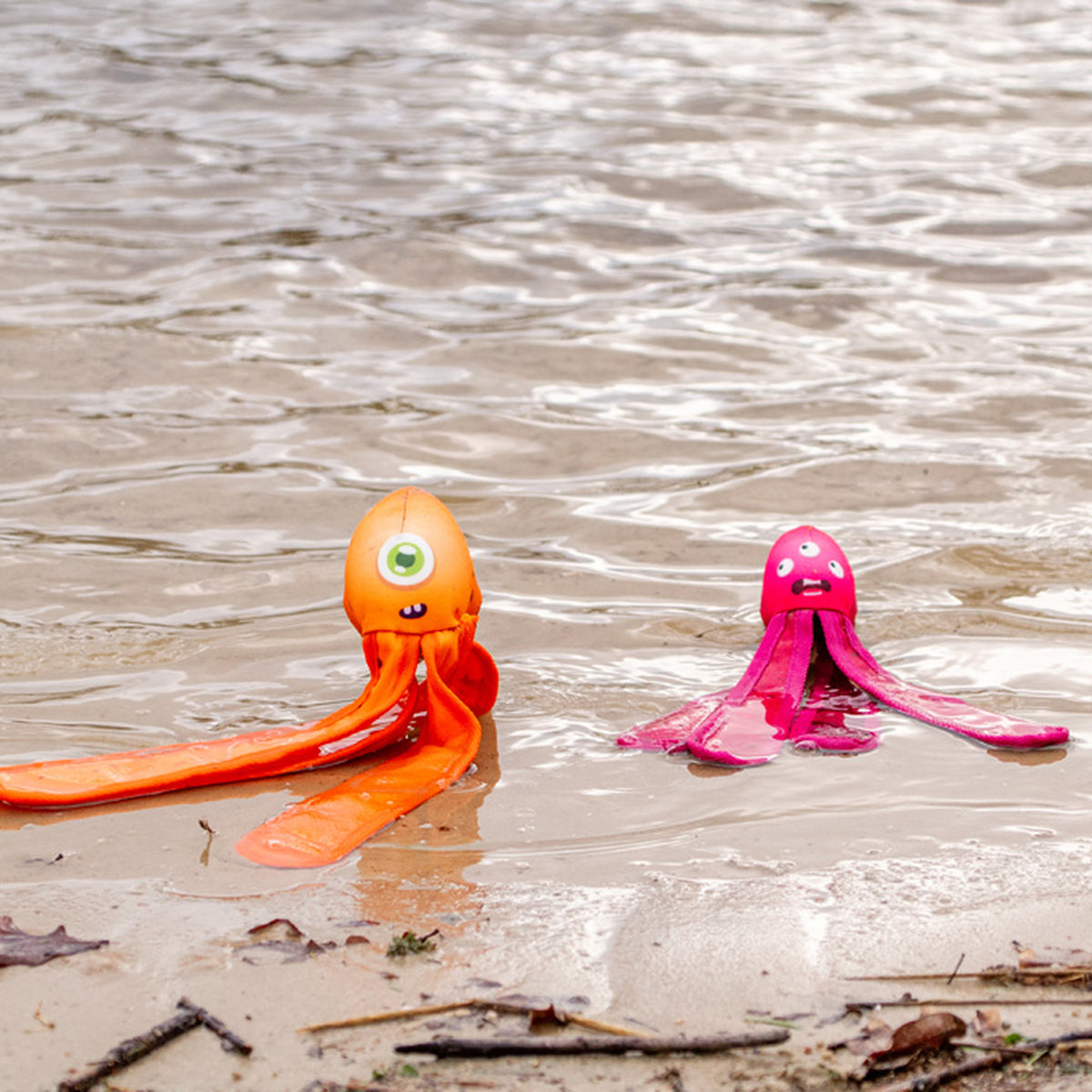 hond speelt met de oranje en roze Dog Comets Alien Octo aan de waterkant