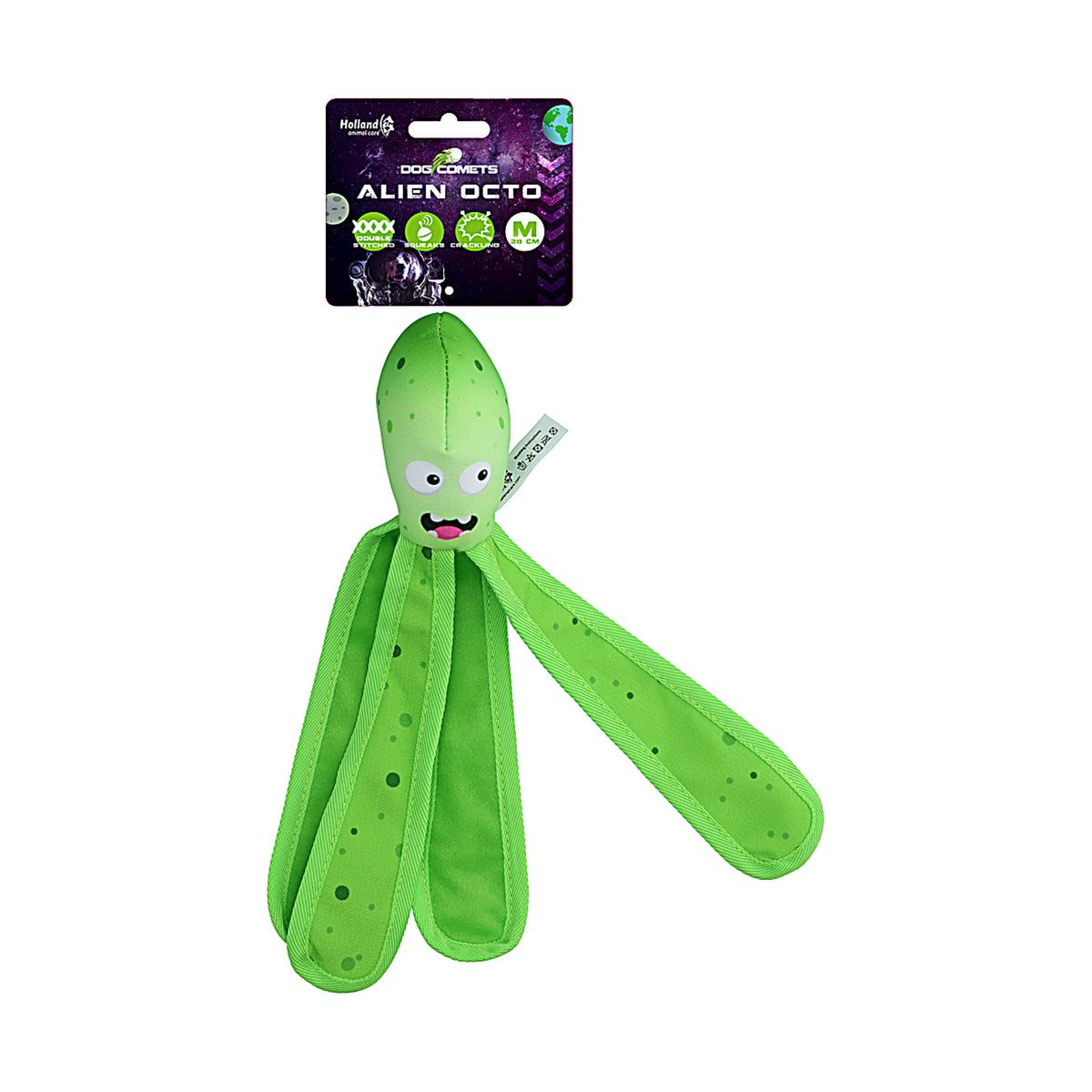 hond speelt met de Dog Comets Alien Octo uit de verpakking