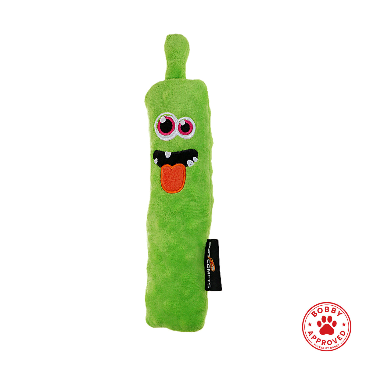 hond speelt met de groene Dog Comets Invaders pluche werpstok