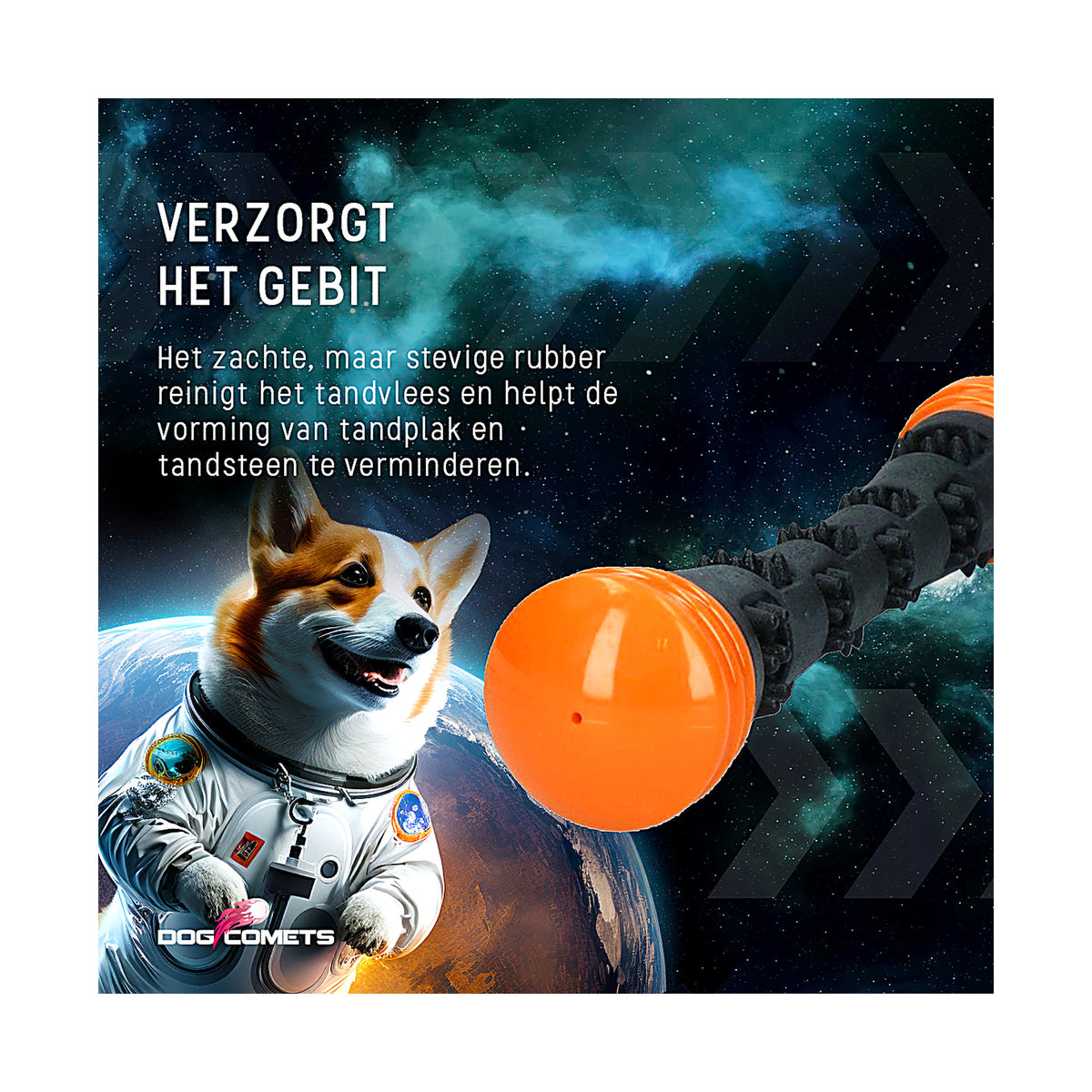hond speelt met de Dog Comets Meteor werpstok van zacht maar stevig rubber