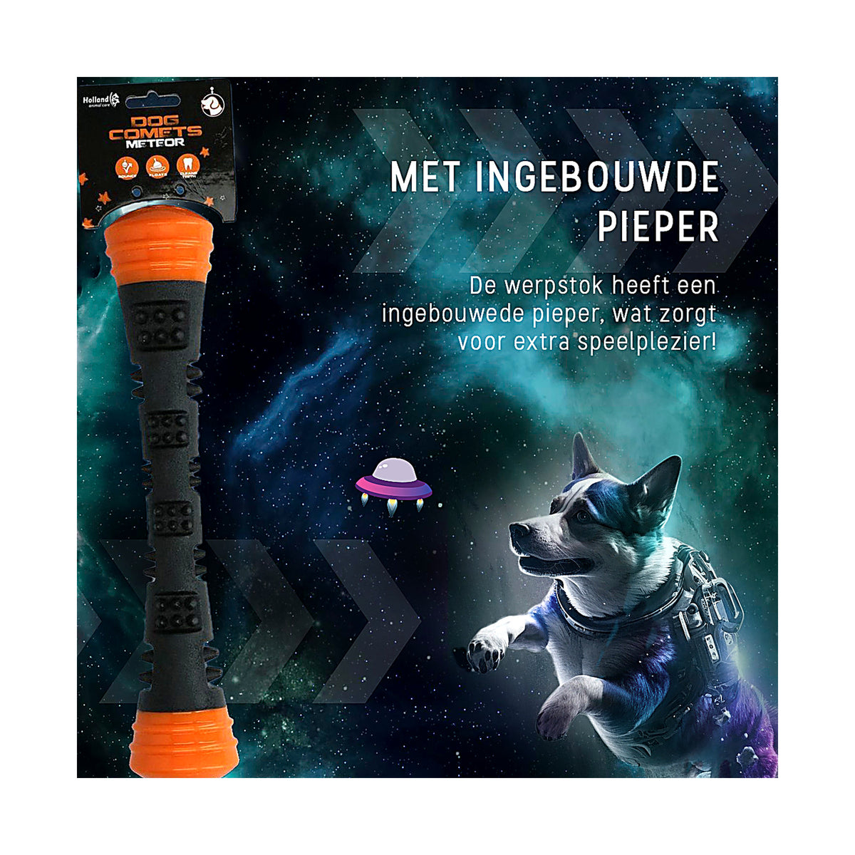 hond speelt met de Dog Comets Meteor werpstok met ingebouwde pieper
