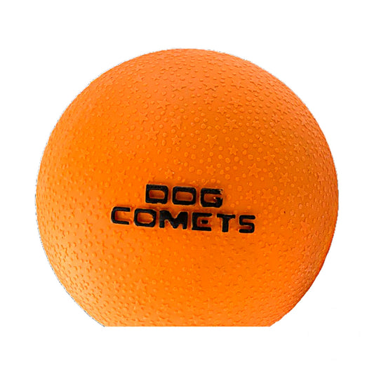 hond speelt met de oranje Dog Comets Stardust rubberen bal
