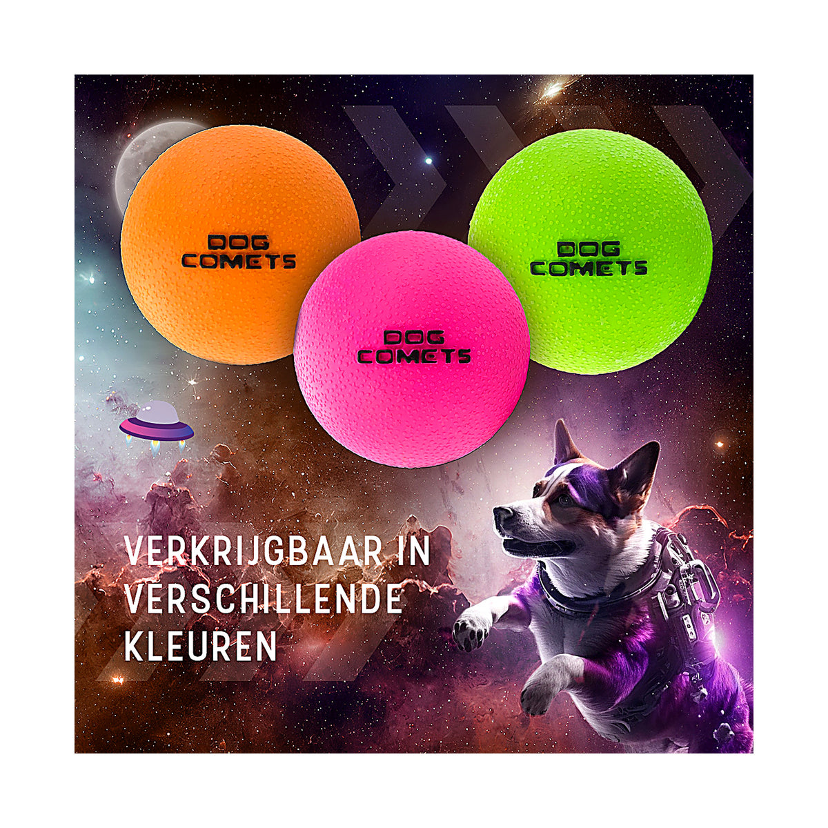 hond speelt met de Dog Comets Stardust in oranje, roze en groen