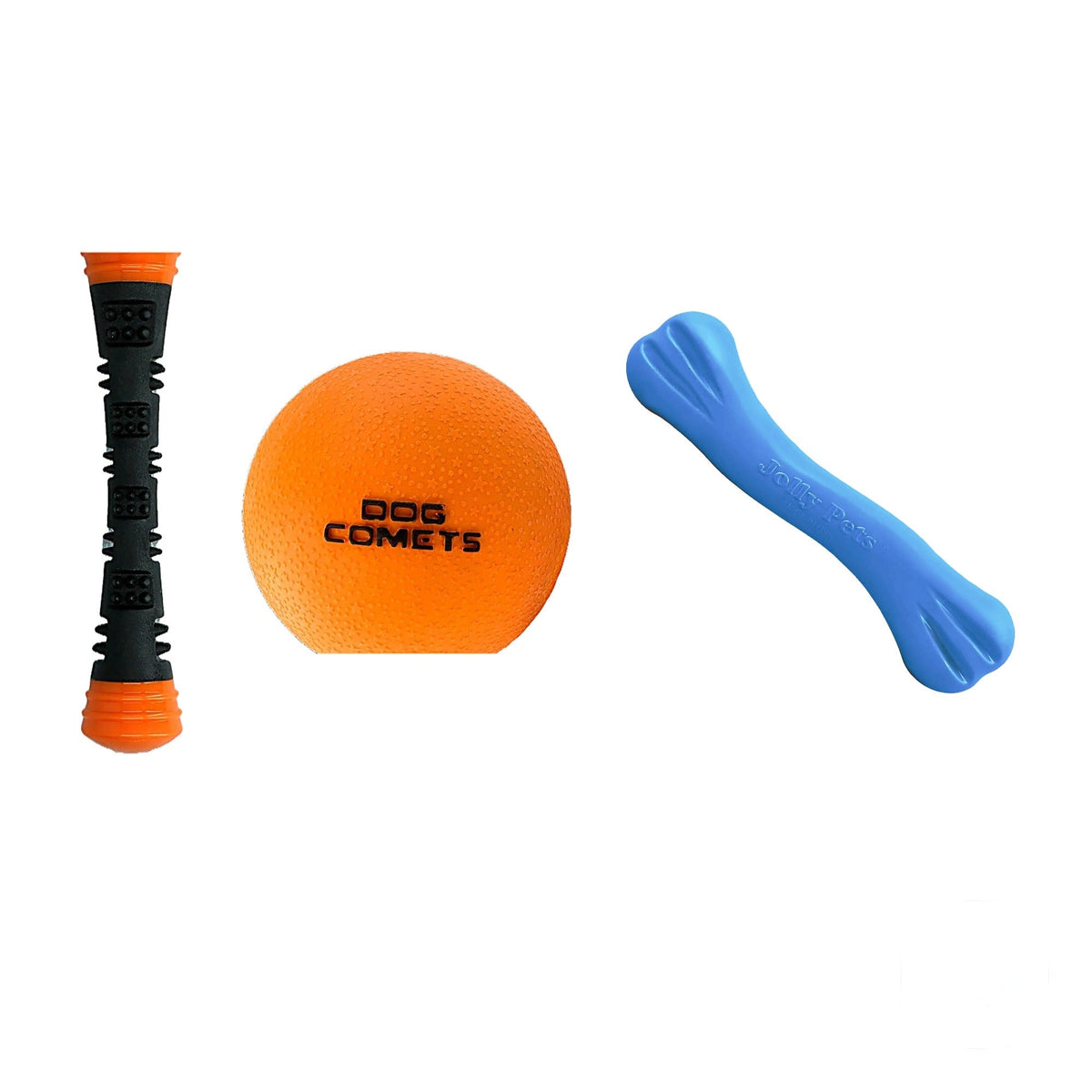 Dog Comets Meteor werpstok, Dog Comets Stardust L bal en blauwe Jolly Bone M naast elkaar
