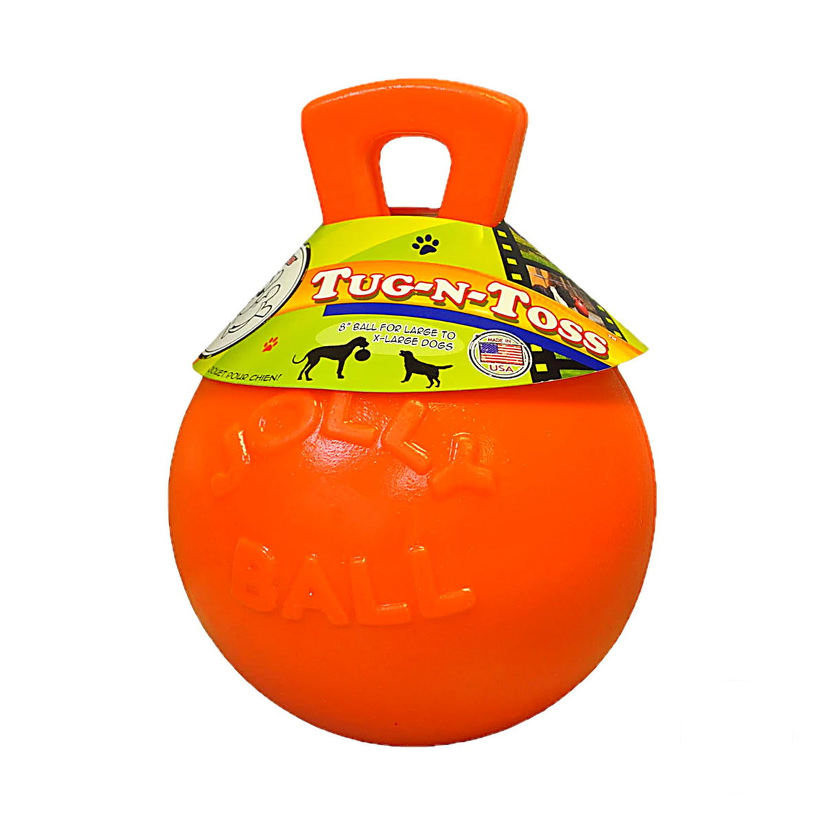 hond speelt met oranje Jolly Tug-n-Toss speelbal met handvat
