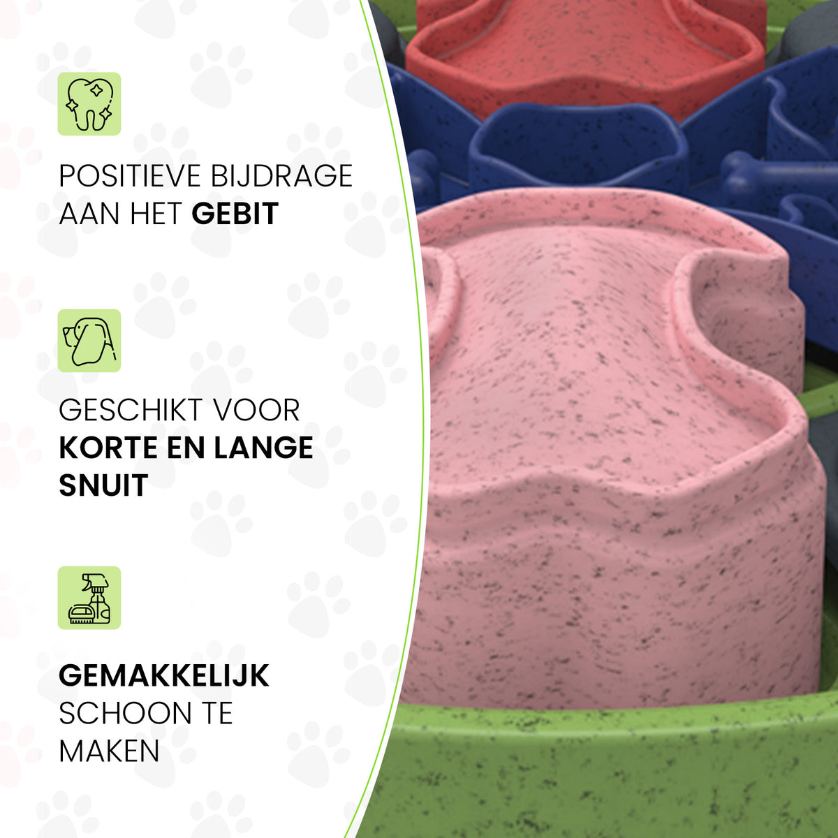 Eigenschappen: goed voor het gebit, korte en lange snuit, makkelijk schoon te maken