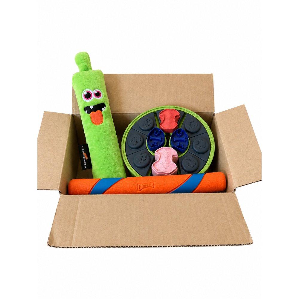 Bobby's Box september: Invaders, Puzzle Disc en Chuckit! Ultra Fetch Stick in een doos